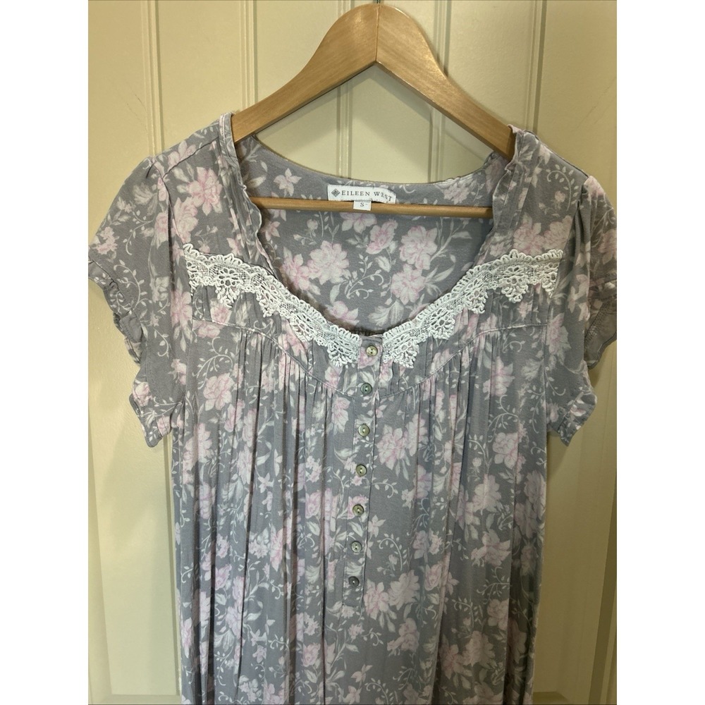 Eileen West Women's Night Gown Sz Small Gray Pink Floral Pattern With Lace Trim - Picture 3 of 10